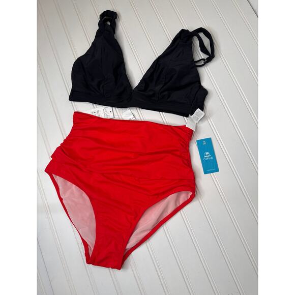 NWT Cupshe Two Peace Swimsuit Bikini Red & Black High Waisted Cheeky BUNDLE M - Picture 2 of 5